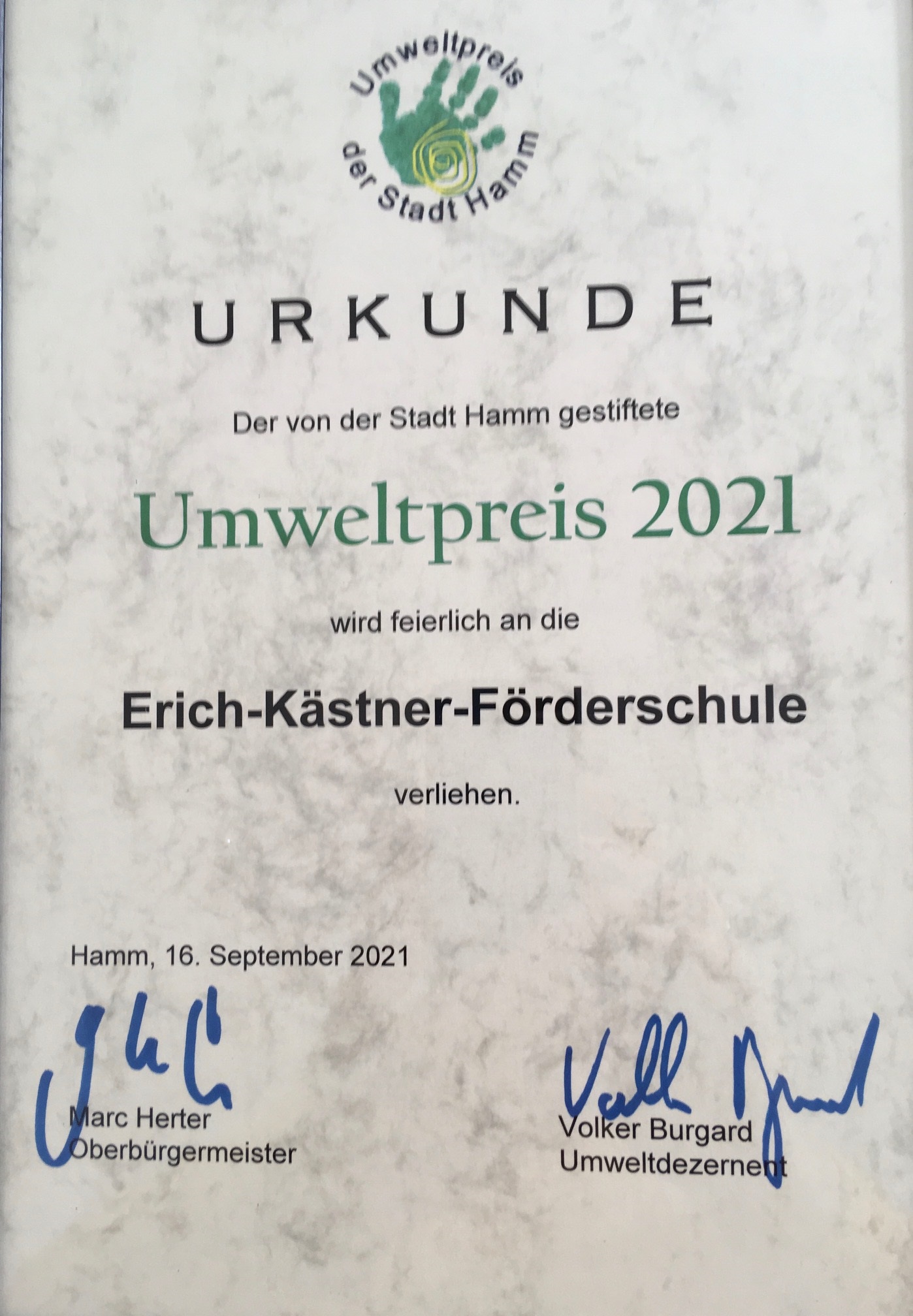 Umweltpreis Urkunde